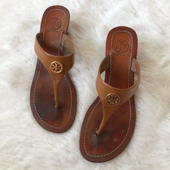 Tory Burch Shoes - TORY BURCH • Brown/ Gold Thong Wedge Sandals with Logo Size 6